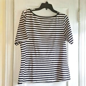 Tommy Bahama black & white Stripe Short Sleeve T-shirt with black banded necklin